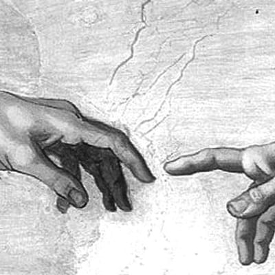 Ausschnitt der „Erschaffung Adams“ von Michelangelo Buonarroti, zwei einander entgegengestreckte Hände